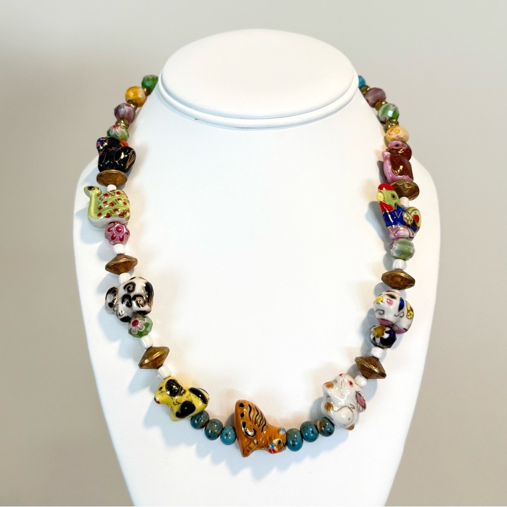 Vintage Chinese Zodiac Hand Painted Porcelain Animal Necklace Glaze 18” Colorful